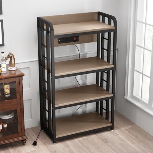 SIREDEEP Bakers Rack with Power Outlet ，4-Tier Kitchen Baker's Rack,Microwave Stand with Storage Suitable for Kitchen,Microwave Cart, Living Room, Dinning Room，Coffee Bar(Grey) - color: Grey