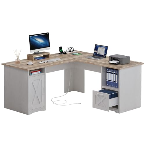 YITAHOME L Shaped Desk with Power Outlets | Computer Corner Desk, File Drawer, Monitor Stand & Storage Shelves, File Cabinet - color: Grey Wash