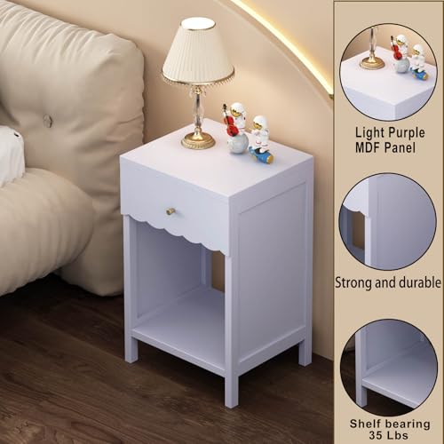 26“ Modern White Nightstand with Drawer and Open Shelf, Scalloped Edge Bedside Table for Bedroom, Cute Minimalist Side Table for Girls' Room (Light Purple)