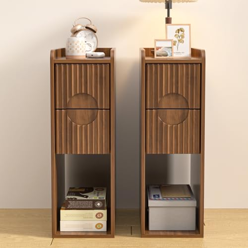 Narrow Fluted Nightstand Set of 2, Wooden Small 2 Drawer Nightstand, Slim Side End Table, Vintage Bedside Table, Mid Century Modern Night Stand with Drawers, for Living Room, Bedroom, Walnut - color: Walnut-2 Pcs