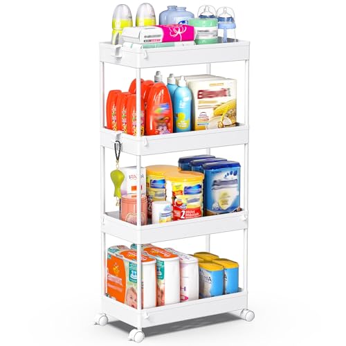 SPACEKEEPER Storage Cart, 4-Tier Mobile Shelving Unit, Bathroom Rolling Cart Utility Storage Organizer Shelf for Kitchen Living Room Bathroom Laundry Room & Dressers, White - color: White, size: 4 Tier
