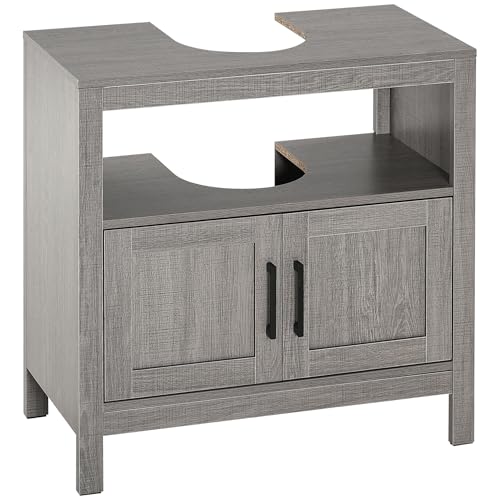kleankin Pedestal Sink Storage Cabinet with 2 Doors and Open Shelf, Gray | Bathroom Under Sink Cabinet, Bathroom Vanity - color: Grey