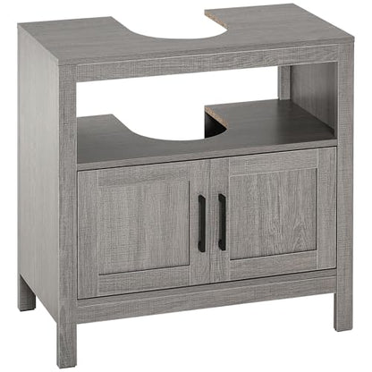 kleankin Pedestal Sink Storage Cabinet with 2 Doors and Open Shelf, Gray | Bathroom Under Sink Cabinet, Bathroom Vanity - color: Grey