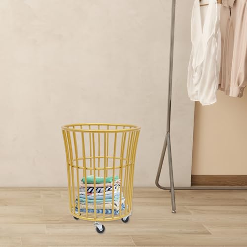 Wire Metal Rolling Laundry Basket on Wheels | Mesh Wire Laundry Basket Storage Cart for Bathroom Bedroom Dirty Clothes Storage,11.8in Base Diameter, 14.2(D)×15.7in(H) - size: C