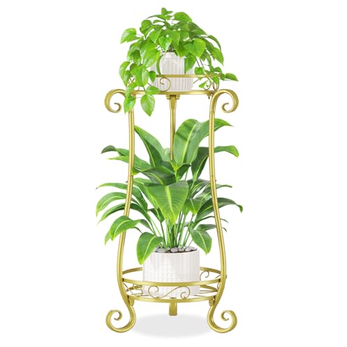 iDavosic.ly 2 Tier Metal Plant Stand Indoor Outdoor, Iron Corner Tall Flower Pot Holder Shelf, 27 Inch Vertical Heavy Duty Display Rack for Patio Porch Living Room Garden, Gold - color: Gold, size: 2 Tiers