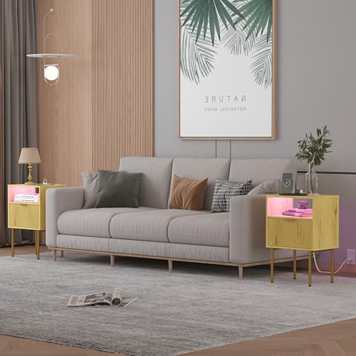 JOONEE Nightstand with Charging Station, Bedside Table with Storage Drawer, Fluted Side Table for Living Room, Bedroom - color: Yellow Oak