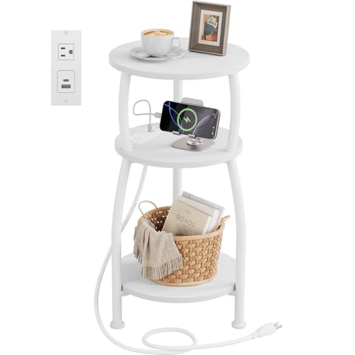 Round Side Table with Charging Station, Small Spaces Nightstand | 3-Tier End Table Beside Sofa Couch, Type C & USB Ports, Small Accent Table for Living Room, Bedroom, Dorm, White - color: White, size: 11.8''Dia with Power Strip