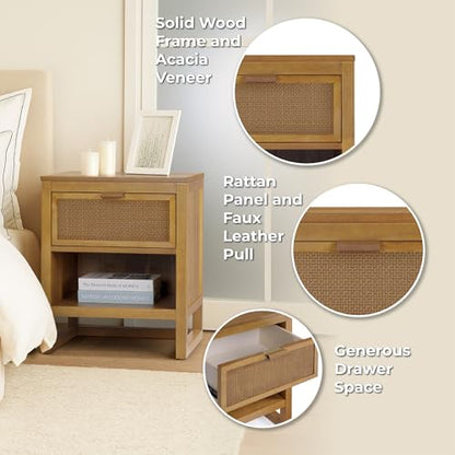 Teamson Home Hatteras 20" W Nightstand with 1 Deep Drawer and Open Shelf Storage in Coastal Modern Style, Ball Bearing Glides, Pine Wood Frames and MDF with Rattan, Natural Finish | 1 Deep Drawer, Open Shelf Storage, Coastal Modern Style, Pine Wood & MDF