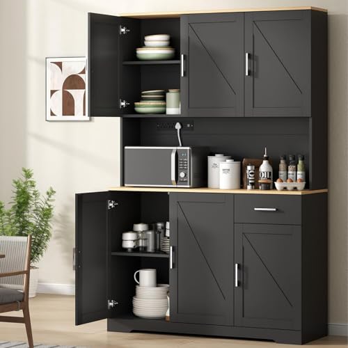 71" Pantry Cabinet,Kitchen Pantry Storage Cabine with Power Outlet,Farmhouse Kitchen Hutch Pantry Cabinet, Tall Hutch with Adjustable Shelf & Door,Food Pantry Storage for Dining Room,Kitchen (Black)