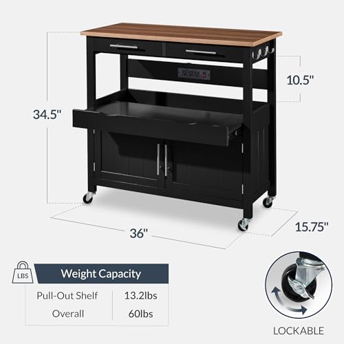 Best Choice Products 36in Large Rolling Kitchen Island Cart, 2-Door Cabinet, 2 Drawers, Pull-Out Shelf, Power Outlet, Hooks, & Swivel Lockable Wheels - Black - style: Black