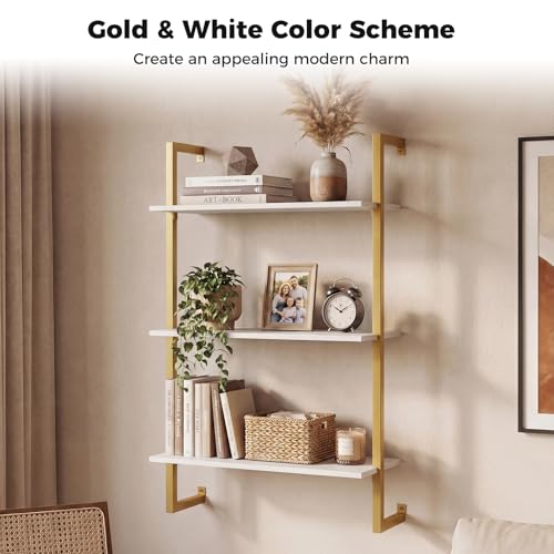 Giantex 3-Tier Wall-Mounted Bookshelf, Modern Floating Storage Display Shelves with Metal Frame, Wood Open Ladder Bookcase for Living Room, Home Office, Kitchen, White + Gold - color: White + Gold