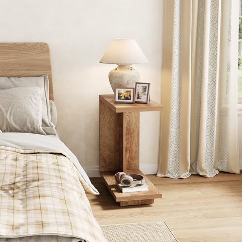 LITTLE TREE C-Shaped Side Table, Narrow 2-Tier End Table for Living Room, Couch, Bedroom, Bedside, Nightstand, Brown - size: 1