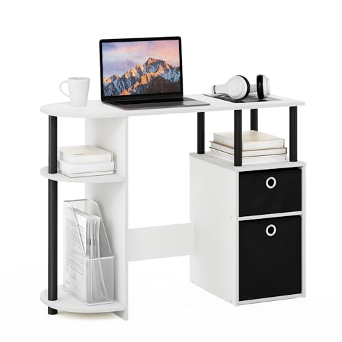 Furinno Jaya Desk, 38.4" Wide Gaming Desk with Bin Drawers, Computer Desk with Side Shelf, Office Desk for Study, Home Office, Bedroom, Dorm, Study Room, White - color: White/Black
