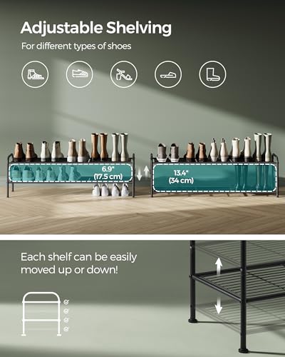 SONGMICS Shoe Rack, 2-Tier Shoe Organizer, Metal Shoe Shelf Storage with 4 Side Hooks, Holds 18 Pairs of Shoes, Height-Adjustable Shoe Rack for Entryway, Hallway, Closet, Ink Black ULMR121B01 - size: 2 Tiers (44.9"W)