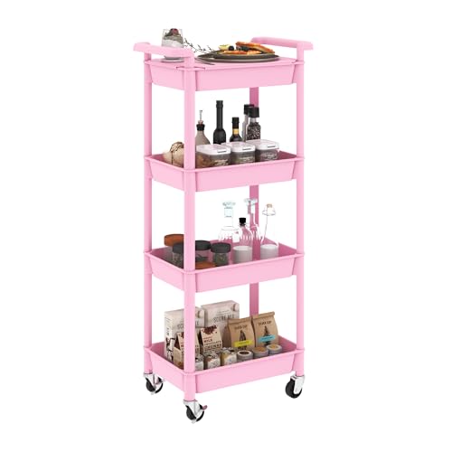 STEEHOOM Utility cart with Tabletop 4 Tier Rolling Cart Organizer with Wheels Movable Storage Cart for Office, Living Room, Kitchen, Craft Room, Pink - color: Pink, size: 4-Tier