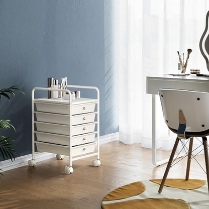 5-Tier Rolling Cart with 5 Drawers, Rolling Utility Cart with 2 Lockable Caster Wheels, Multipurpose Mobile Rolling Storage Drawer Cart for Office Bathroom Kitchen, Ivory White - size: White, 5-Tier
