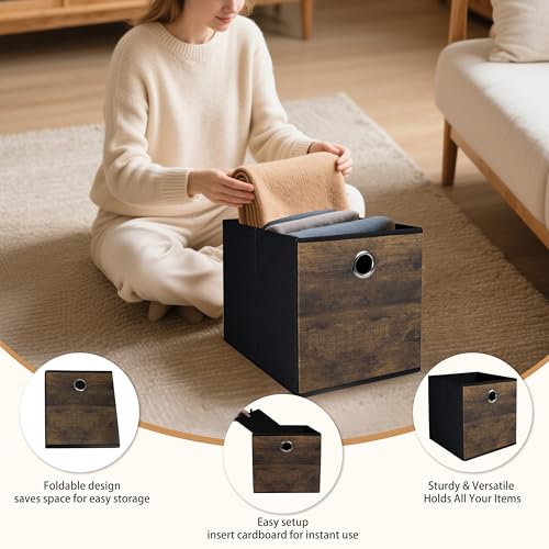 4 Pack Durable Storage Cube Bins with Wood Grain,Thickened Fabric Box,Storage Baskets for Open Shelf,Bookcase,Closet,Storeroom,Bedroom,Living Room,Nursery,Office,Dorm, 10.2x10.2x11in (Small) - size: 4Packe-10.2in x 10.2in x 11in