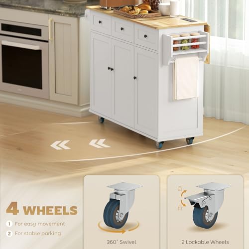 HOMCOM Kitchen Island with Drop Leaf and Power Outlet, Rolling Cart with Storage Cabinets, Solid Wood Island Table on Wheels for Kitchen with 3 Drawers, Towel Bars, Spice Rack, White - color: White