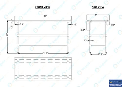 Stainless Steel Work Table with 2 Shelves | Metal Utility Table | Commercial & Residential NSF Utility (Stainless Steel Table with 2 Shelves, 60" Long x 24" Deep) - size: 60" Long x 24" Deep