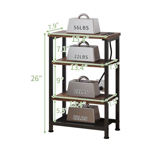 Narrow Nightstand with 4-Tier Shelves, Small Side Table with Charging Station, Skinny Nightstand with Bookshelf, Thin End Table with USB Ports and Outlets, Bed Side Table for Bedroom, Home Office