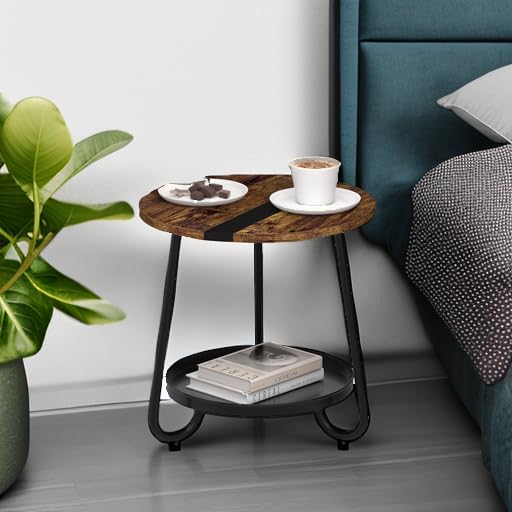2 Tier Coffee Table in Living Room, Industrial Style Round Coffee Table with Metal Tray, Wood Small Outdoor Coffee Table for Bedroom Balcony Patio, Rustic Brown - color: Rustic Brown