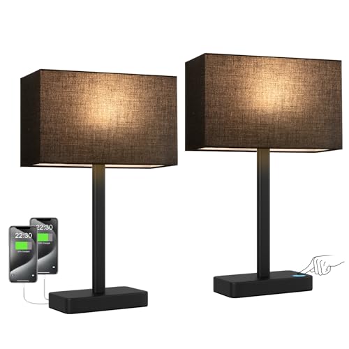 Hong-in Touch Lamps for Bedroom - 3-Way Dimmable Bedside Lamps Set of 2 with USB C+A, Black Modern Table Lamp for Night Stands, Desk Lamp for Living Room Nightstand End Tables Bed Side - color: F. Black&Black