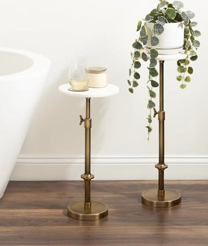 Kate and Laurel Engles Traditional Adjustable-Height Pedestal Drink Table, 10 x 10 x 30, White Marble and Antique Brass, Vintage Round Indoor Metal Plant Stand with Authentic Marble Tabletop