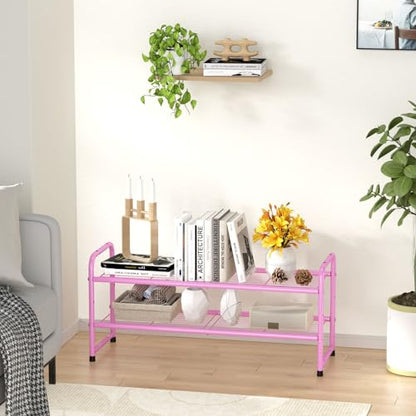 SUFAUY 2 Tier 33" Wide Shoe Rack, Closet Metal Wire, Stackable, Pink - color: Pink