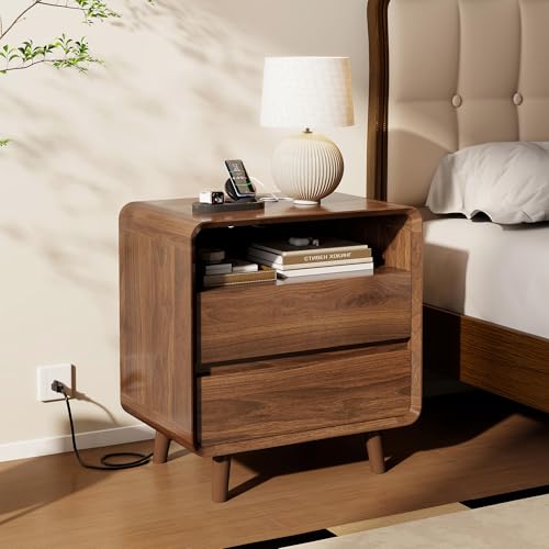 Nasonet Mid Century Modern Nightstand with Charging Station, Wood Bedroom End Tables Nightstands with Drawers, Curved Bedside Table for Living Room, Bedroom, Walnut - color: Walnut, size: 2 Drawers