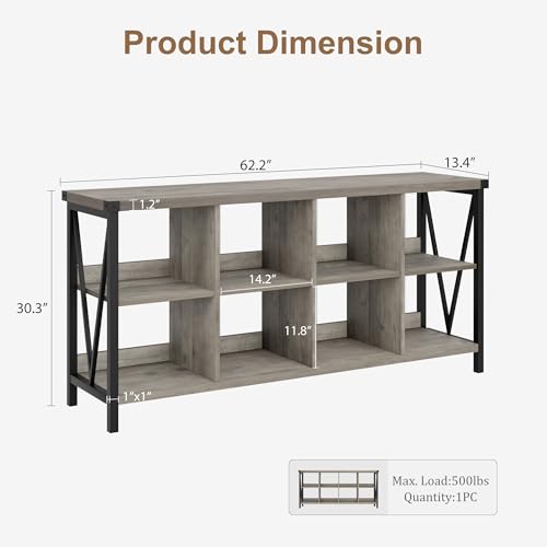 Narrow Console Tables, 2 Tier Entryway Table w/Storage Shelf, 8 Cube Storage Organizer and Shelves, Cube Shelf Bookshelf for Home and Bedroom, 13.4" D x 62.2" W x 30.3" H, Grey