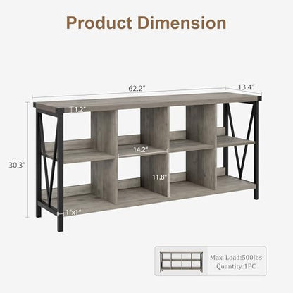Narrow Console Tables, 2 Tier Entryway Table w/Storage Shelf, 8 Cube Storage Organizer and Shelves, Cube Shelf Bookshelf for Home and Bedroom, 13.4" D x 62.2" W x 30.3" H, Grey