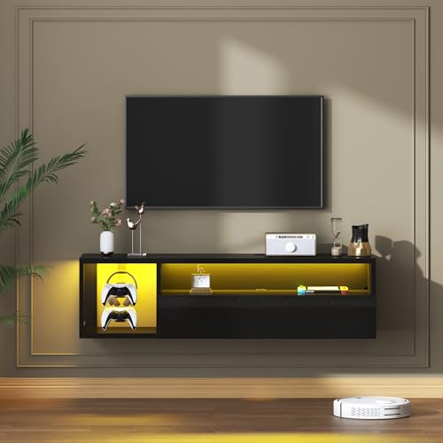 sogesfurniture 39.3'' TV Stand, Floating Entertainment Center with Lights, Modern Media Console with Storage, Wall Mounted LED TV Stand for Living Room, Black - size: 39.3"-Black