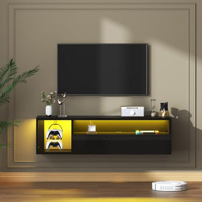 sogesfurniture 39.3'' TV Stand, Floating Entertainment Center with Lights, Modern Media Console with Storage, Wall Mounted LED TV Stand for Living Room, Black - size: 39.3"-Black