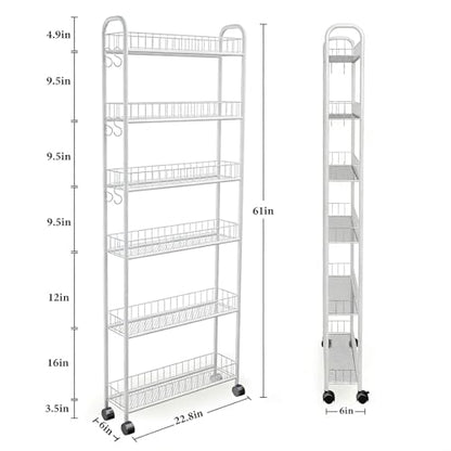 Slim Rolling Storage Cart with Wheels, 6in 6 Tier White | Narrow Space Shelving Unit, Metal Wire Mobile Organizer Rack for Kitchen Bathroom Office Laundry - size: 6in White Cart