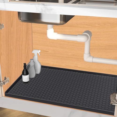 Under Sink Mat 22 x 22, Silicone Under Sink Liner for Kitchen Waterproof Bathroom Cabinet Mat, Black - color: Black, size: 22"W x 22"L