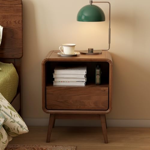 100% Solid Wood Nightstand, Walnut Night Stand with Drawer and Open Shelf, Mid Century Nightstand, Wooden Nightstands, Small Nightstands for Small Spaces Bedroom(Dark Black Walnut, 20.47" H) - color: Dark Walnut, style: Drawer & Open Storage-1