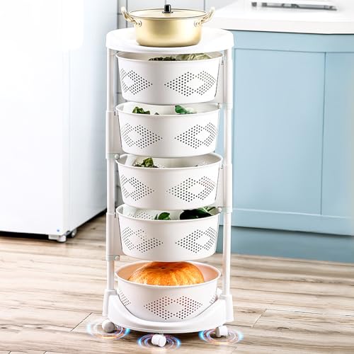 5 Tier Kitchen Storage Cart, Circular Rotating Basket Organizer Height Adjustable Fruit Vegetable Shelf, 360 Degree Lockable Wheels Hollow Mesh Rolling Storage Tower (White)