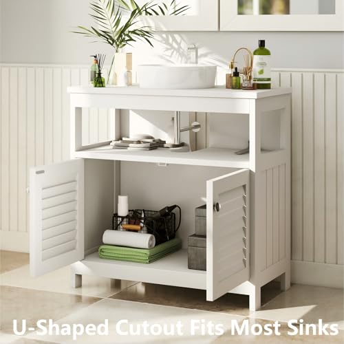 Under Sink Cabinet Pedestal Storage Cabinet with 2 Doors & Open Shelf, U Shape Cut Out Bathroom Vanity Under Sink Storage, Vanities for Toiletries Makeup in Bathrooms (White) - size: Single-story