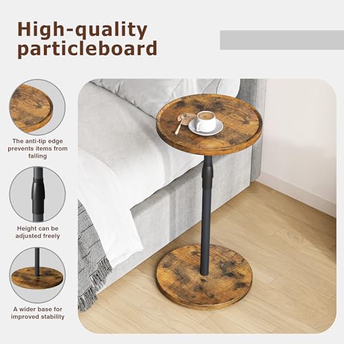 Adjustable Round Side Table, Small End Table, Pedestal Drink Table for Small Spaces, Tall Round Nightstand for Living Room Bedroom Sofa Couch, Rustic Brown ET-010RB - color: Rustic Brown