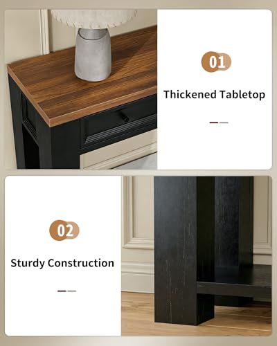 FUSOU 63 Inch Console Table, Sofa Table Behind Couch, Entryway Table with 4 Drawers & Open Shelf, Farmhouse Sofa Table for Living Room (Black) - color: Black