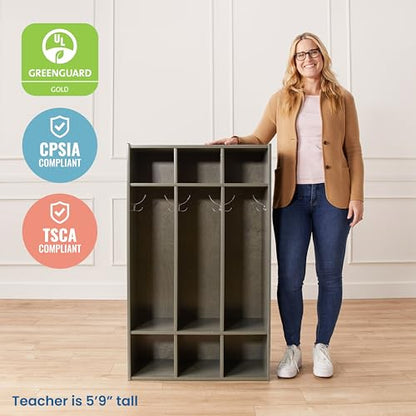 ECR4Kids Streamline 3-Section Coat Locker with Cubby Storage, Classroom Furniture, Grey Wash - color: Grey Wash