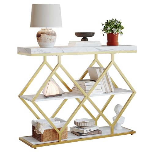 Garvee 3 Tier Console Table,39" Industrial Entryway Table,Open Wood Shelves | Sofa Table,Narrow Wood Accent Tables with Metal Frame for Hallway,Living Room,Behind Couch,Foyer,Entrance,White - color: White + Diamond-shaped