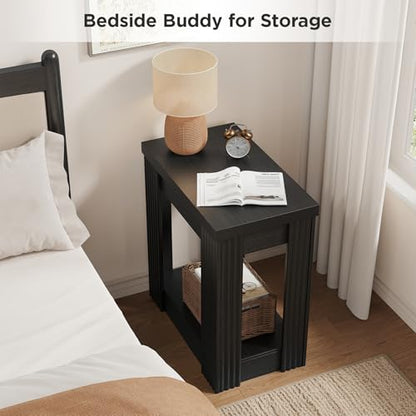 Maupvit Narrow Wood End Table for Living Room, 2-Tier Small Slim Side Table with Storage Shelf, Modern Fluted Nightstand for Bedside, Small Spaces, Living Room, Bedroom, Black, Set of 2 - color: Black