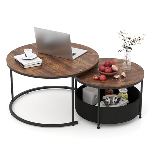 Tangkula Round Nesting Coffee Table Set of 2, Wooden Center End Table with Fabric Storage Basket & Metal Frame, Stacking Side Table for Apartment, Living Room & Bedroom (Rustic & Black) - color: Rustic & Black
