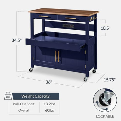 Best Choice Products 36in Large Rolling Kitchen Island Cart, 2-Door Cabinet, 2 Drawers, Pull-Out Shelf, Power Outlet, Hooks, & Swivel Lockable Wheels - Midnight Blue - style: Midnight Blue