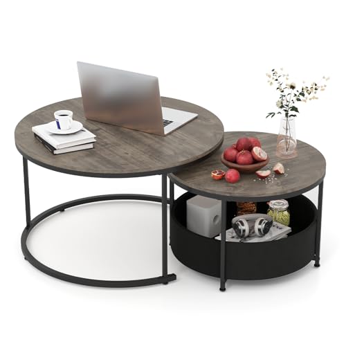Tangkula Round Nesting Coffee Table Set of 2, Wooden Center End Table with Fabric Storage Basket & Metal Frame, Stacking Side Table for Apartment, Living Room & Bedroom (Gray & Black) - color: Gray & Black