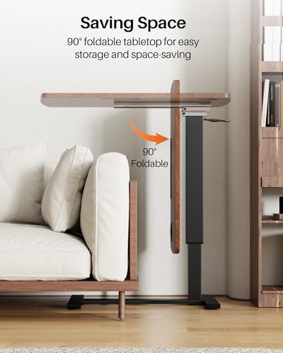 Foldable Overbed Table with Wheels, Pneumatic Adjustable Desk | 31.5 X 17.7 In Desktop with Cup Holders and Tablet Slot, Hidden Casters, 88 Lbs Capacity, Installs on Either Side of Bed - color: Brown