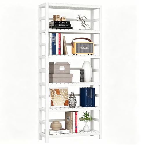 VASMIA 6-Tier Bamboo Shelf,Bamboo Storage Shelving Unit,Tall Bookcase with Adjustable Shelves,Multipurpose Storage Display Shelf for Bathroom, Living Room, Balcony, Kitchen,White - color: White, size: 6-Tier