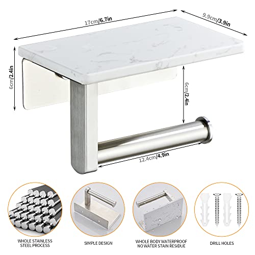 Brushed Nickel Toilet Paper Holder with Shelf, 304 Stainless Steel Screw Wall Mounted, Marble Tissue Roll Holder with Storage - color: Brushed Nickel