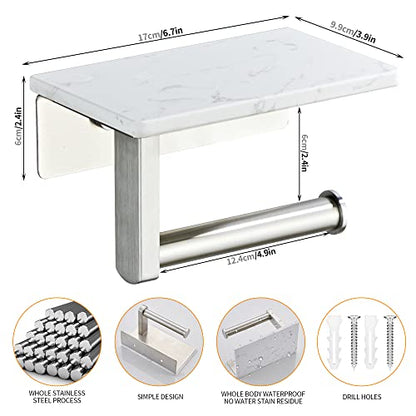 Brushed Nickel Toilet Paper Holder with Shelf, 304 Stainless Steel Screw Wall Mounted, Marble Tissue Roll Holder with Storage - color: Brushed Nickel